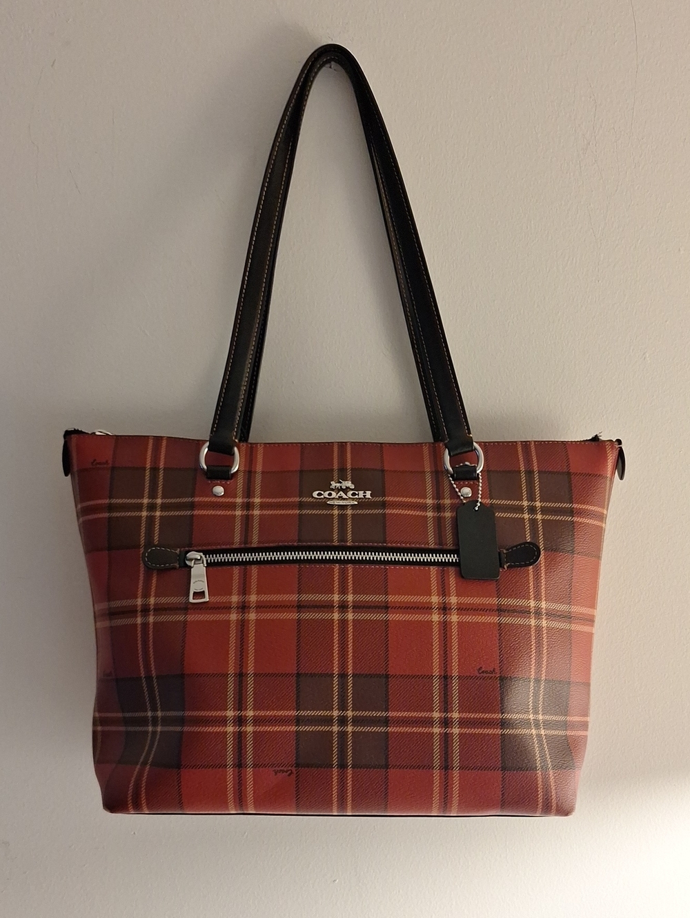 Classic Gorgeous Coach Red Plaid Tote with Black Handles